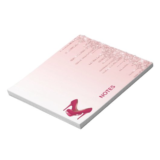 Moderne rosa Glitzer-Tropfen & High Heels Notizblock (Rotiert)