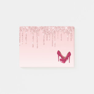 Moderne rosa Glitzer-Tropfen & High Heels Post-it Klebezettel