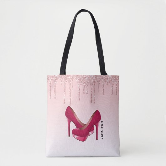 Moderne rosa Glitzer-Tropfen & High Heels Tasche (Vorderseite)