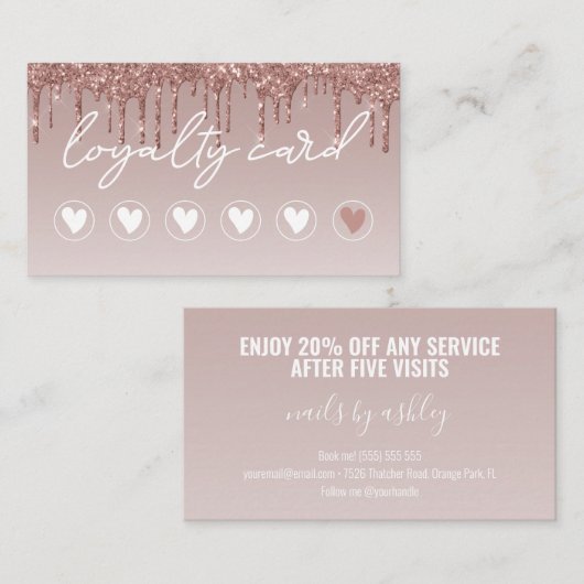 Moderne Rosa Glitzer Tropfen Salon 6 Punch Treuekarte (Vorne/Hinten)