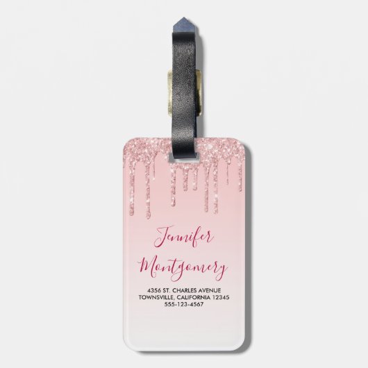 Moderne rosa Glitzer Tropfen und Black Eyelashes Gepäckanhänger (Rückseite vertikal)