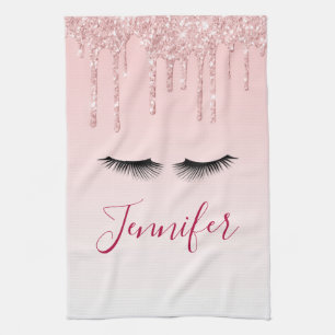 Moderne rosa Glitzer Tropfen und Black Eyelashes Geschirrtuch