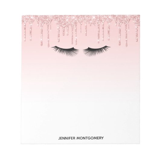 Moderne rosa Glitzer Tropfen und Black Eyelashes Notizblock (Vorderseite)