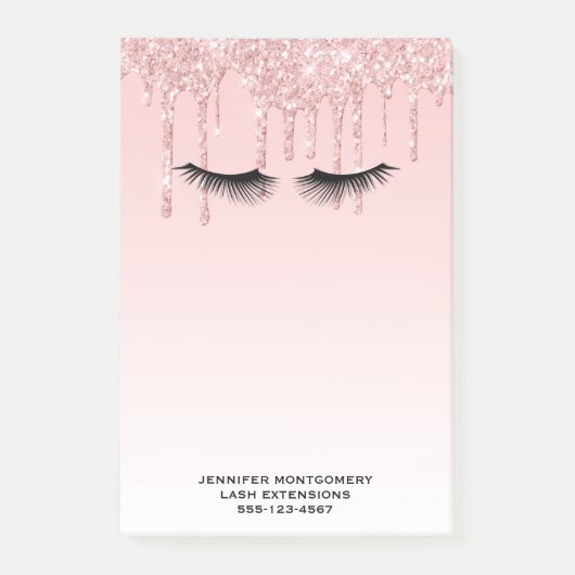 Moderne rosa Glitzer Tropfen und Black Eyelashes Post-it Klebezettel (Vorderseite)