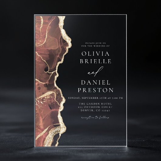 Moderne Rosa Gold Agate Hochzeit Acryleinladungen
