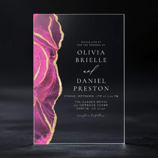 Moderne Rosa Gold Agate Hochzeit Acryleinladungen