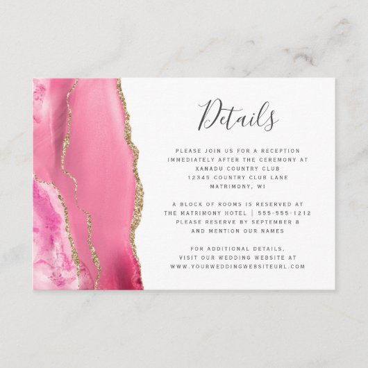 Moderne Rosa Gold Agate Hochzeitsdetails Begleitkarte (Vorderseite)