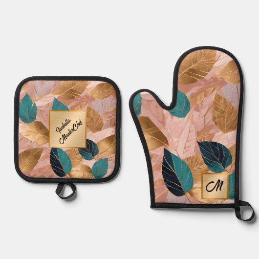 Moderne Rosa Gold Boho Blätter Collection Ofenhandschuh & Topflappen-Set (Vorderseite)