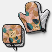 Moderne Rosa Gold Boho Blätter Collection Ofenhandschuh & Topflappen-Set (Vorderseite/Rückseite)