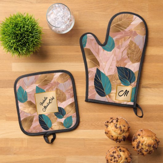 Moderne Rosa Gold Boho Blätter Collection Ofenhandschuh & Topflappen-Set (Oben Unten)