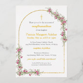Moderne rosa Gold Cross & Arch Bestätigung Folieneinladung (Vorderseite)