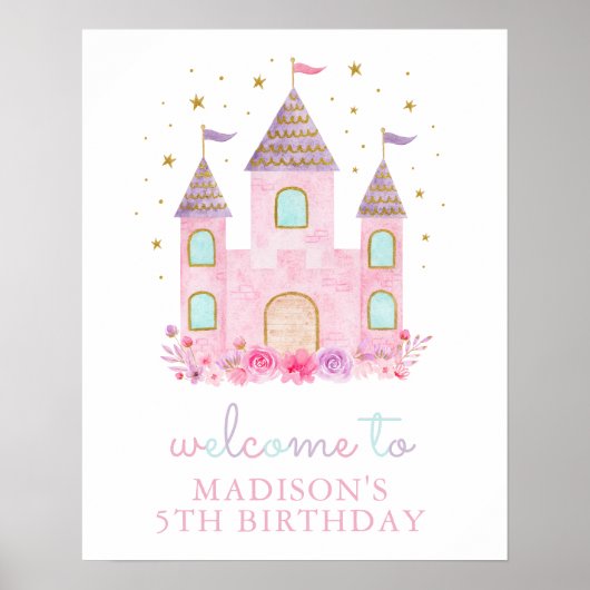 Moderne Rosa Gold Prinzessin Burg Geburtstag Willk Poster (Vorne)