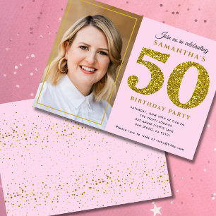 Moderne rosa goldene Glitter 50. Geburtstagsfoto  Einladung