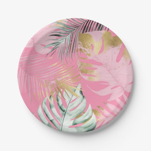 Moderne rosa & goldene tropische Blätter Geburtsta Pappteller (Vorderseite)