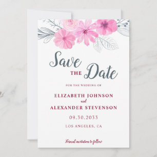 Moderne rosa graue Aquarellblumen Frühlingshochzei Save The Date