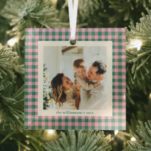 Moderne rosa grüne Familienfoto-Andenken Weihnacht Ornament Aus Glas