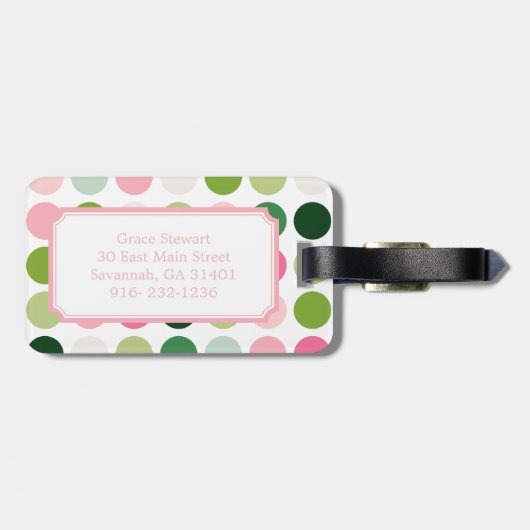 Moderne rosa grüne Polka-Punkte Muster Monogramm Gepäckanhänger (Rückseite horizontal)