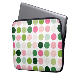 Moderne rosa grüne Polka-Punkte Muster Monogramm Laptopschutzhülle