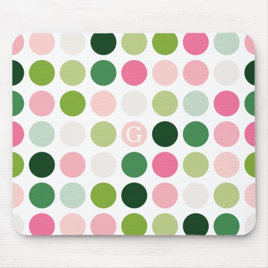 Moderne rosa grüne Punkte Muster Monogramm Mousepad (Vorne)