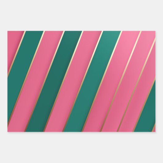 Moderne rosa, grüne und goldene Streifen Geschenkpapier Set (Vorderseite)