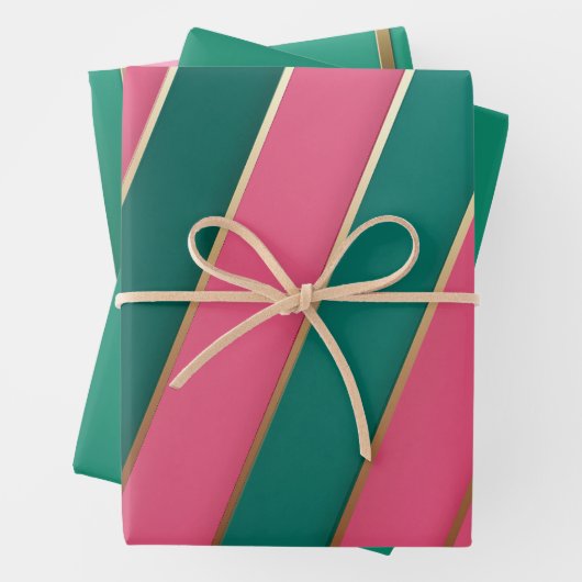 Moderne rosa, grüne und goldene Streifen Geschenkpapier Set (Beispiel)