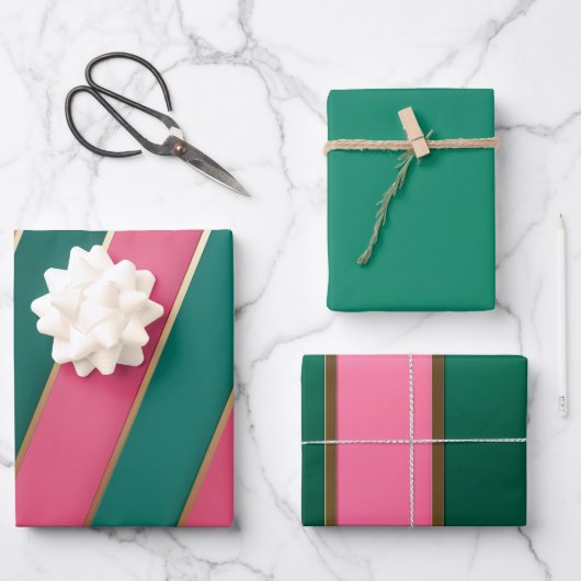 Moderne rosa, grüne und goldene Streifen Geschenkpapier Set (Vorderseite)