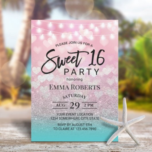 Moderne rosa Herzen Aquamarin Silber Ombre Sweet 1 Einladung