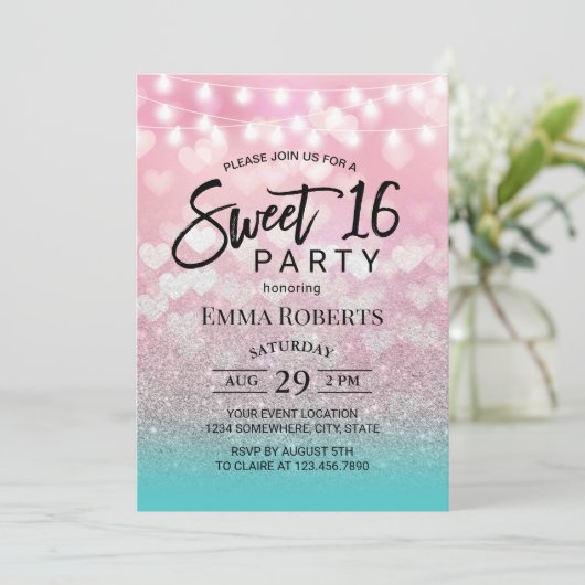 Moderne rosa Herzen Aquamarin Silber Ombre Sweet 1 Einladung (Stehend Vorderseite)