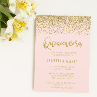Moderne rosa Imitate Gold Glitzer Quinceanera Einladung