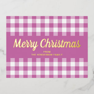 Moderne rosa karierte Frohe Weihnachten Gold Folien Feiertagspostkarte