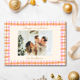 Moderne rosa karierte Weihnachtsfotos süße Farben Feiertagskarte
