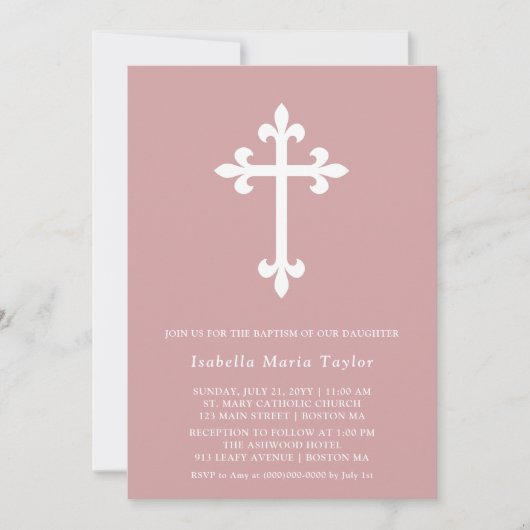 Moderne rosa Kreuztaufe Einladung (Vorderseite)