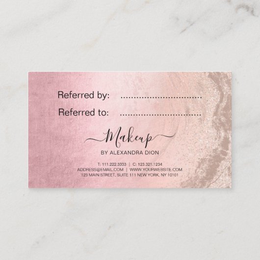 Moderne rosa Kupfer-Rose Gold Glitzer Makeup Künst Empfehlungskarte (Rückseite)