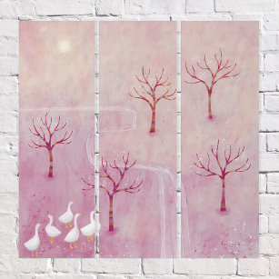 Moderne rosa Landschaft Gänse Orchard Triptychon