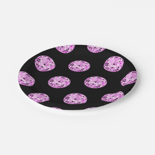 Moderne rosa Lila Diskothek Ball-Muster Schwarz Pappteller (Schrägansicht)