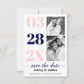 Moderne, rosa, marineblaue Typografie zwei Foto Save The Date (Vorderseite)