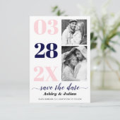 Moderne, rosa, marineblaue Typografie zwei Foto Save The Date (Stehend Vorderseite)