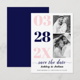 Moderne, rosa, marineblaue Typografie zwei Foto Save The Date