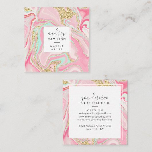 Moderne rosa Marmor schicke Gold elegante Make-up- Quadratische Visitenkarte (Vorne/Hinten)