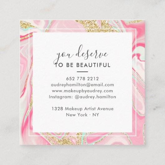 Moderne rosa Marmor schicke Gold elegante Make-up- Quadratische Visitenkarte (Rückseite)