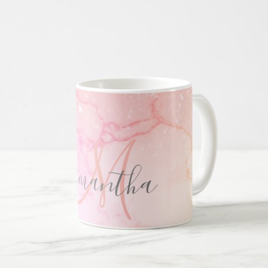 Moderne rosa Marmor- und Glitzer-Glitzern Name Kaffeetasse (VorderseiteRechts)