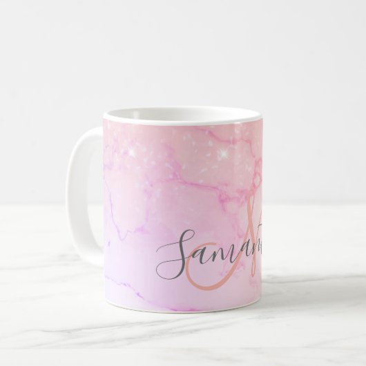 Moderne rosa Marmor- und Glitzer-Glitzern Name Kaffeetasse (Vorderseite Links)