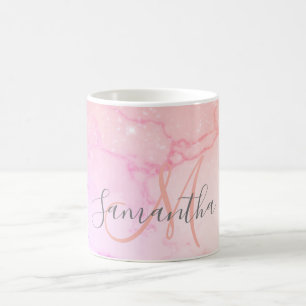 Moderne rosa Marmor- und Glitzer-Glitzern Name Kaffeetasse