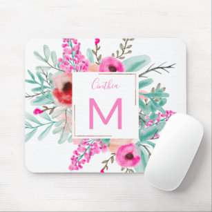 Moderne rosa Minze, florale Wasserfarbe mit Monogr Mousepad
