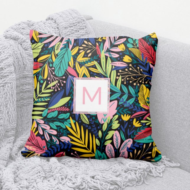 Moderne rosa Monogram farbenfrohe Blätter Art Kissen (Modern Pink Monogram Pillow with Bright, Cheery, Colorful Leaves Pattern)