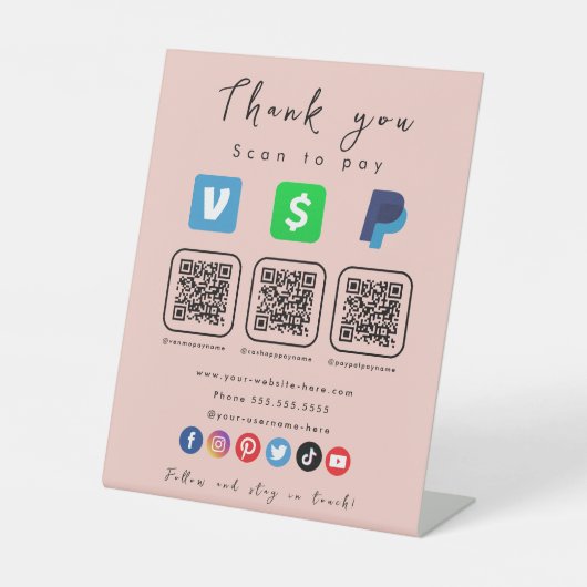 Moderne rosa Multi QR Code Paypal Venmo Cash App Sockelschild (Vorderseite)