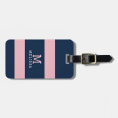 Moderne rosa-navyblaue Küstenstreifen-Monogramm Gepäckanhänger (Vorderseite horizontal)