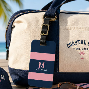 Moderne rosa-navyblaue Küstenstreifen-Monogramm Gepäckanhänger