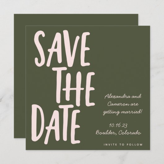 Moderne Rosa Olive Green Handwriting Wedding Save The Date (Vorne/Hinten)