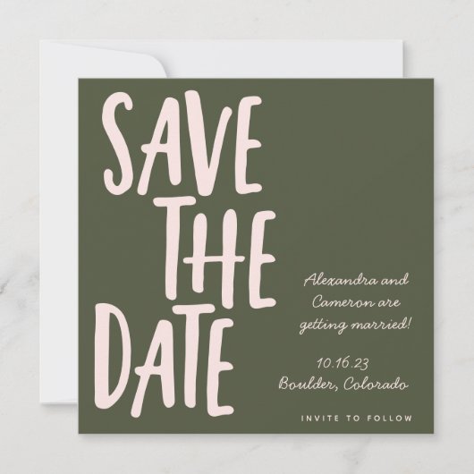 Moderne Rosa Olive Green Handwriting Wedding Save The Date (Vorderseite)
